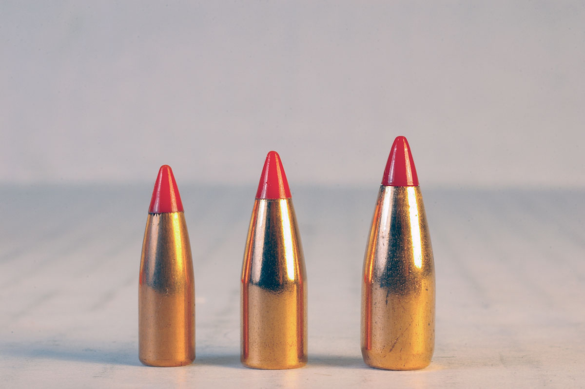 The .17-caliber, 20-grain V-MAX (left) is not that much smaller than the .20-caliber, 32-grain V-MAX (center) and Hornady’s .22-caliber, 40-grain V-MAX (right).
